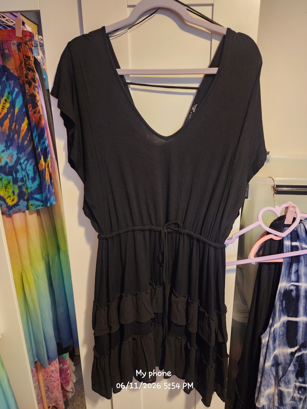 Black V-Neck Tiered Drawstring Mini Dress